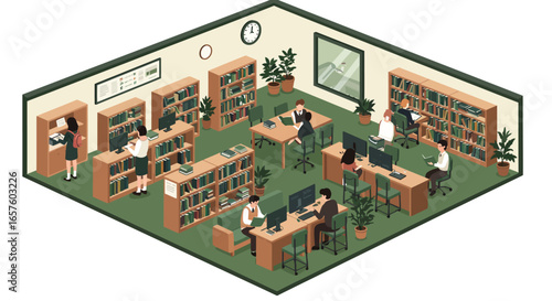 Isometric view of people working and studying in a modern library with bookshelves, computers, and plants.