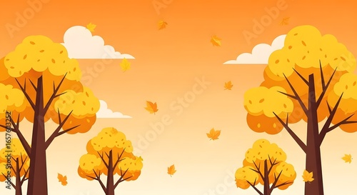 Flat vector illustration of golden autumn trees with falling leaves under a soft orange sky