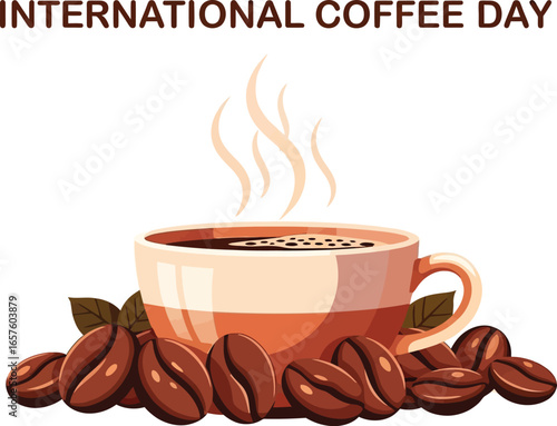 Illustration of a cup of coffee and coffee beans for international coffee day vector design for poster, card, menu, and cafe