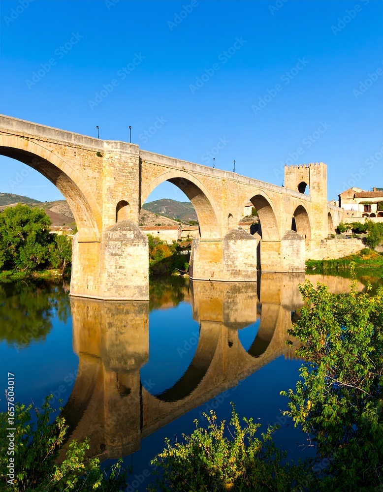 Fototapeta premium Ancient stone bridge reflected in calm river water under a clear blue sky
