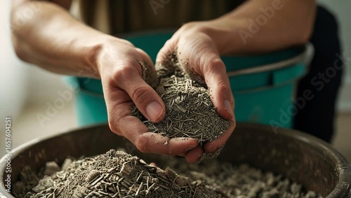 Hands above a metal bucket gently holding a handful of dark, moist soil. The soil trickles between the fingers, ready to fall into the bucket below. The focus is on the hands and the earth, symbolizin