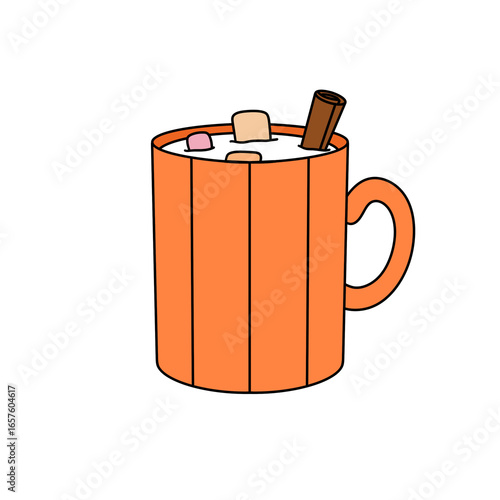 A cartoon mug filled with marshmallows and cinnamon sticks