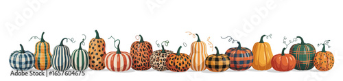 Border, frame with patterned pumpkins in plaid, stripes, and polka dots, perfect for autumn, fall decor, Thanksgiving, Halloween, and seasonal greeting card designs. Flat vector illustration isolated