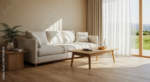 Living room scene with sofa table plants and natural light