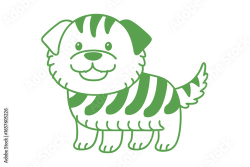 Cute green striped puppy outline cheerfully poses against a blank, pure white backdrop