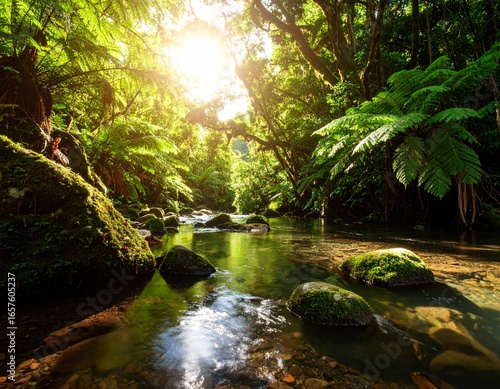 Sunlit Stream in Lush Rainforest Paradise Tranquil Nature Escape