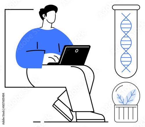 Person sitting with laptop beside DNA helix in test tube and plant in glass dome. Ideal for science, research, biology, innovation, biotechnology, sustainability, education. Simple flat metaphor