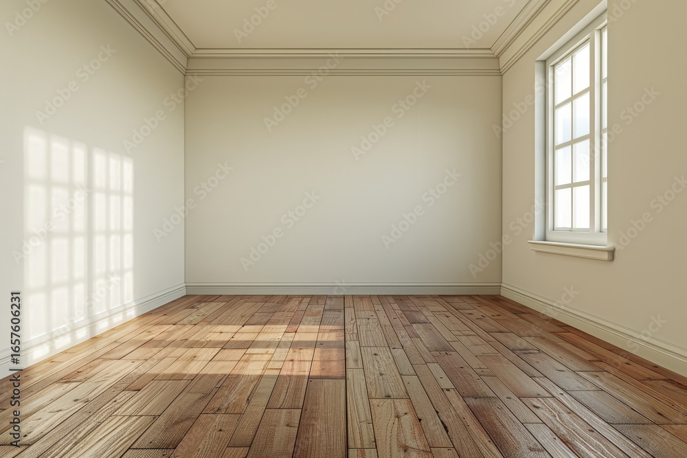 Obraz premium A sun-drenched, empty room with light beige walls, wooden floors, and a large window casts dramatic shadows.
