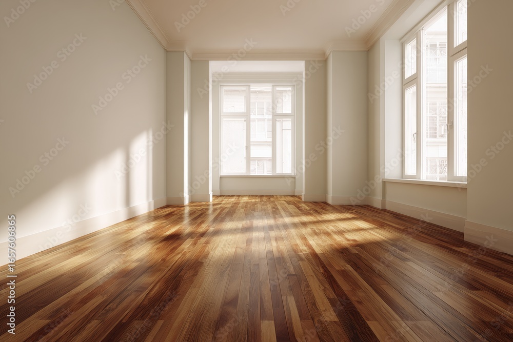 Obraz premium An empty room with hardwood floors and large windows bathed in natural light showcases a bright and airy space.