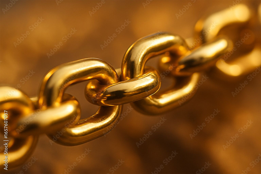 Fototapeta premium Close up of a heavy ornate golden chain link with a blurred warm background