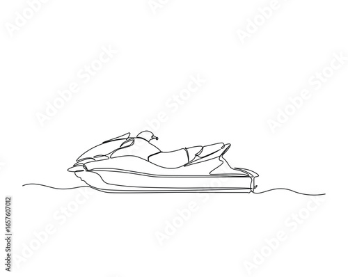 Jet ski motor sport outline drawing illustration. one continuous line drawing of jet ski in the beach.