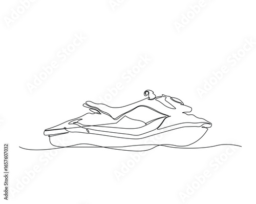 Jet ski motor sport outline drawing illustration. one continuous line drawing of jet ski in the beach.