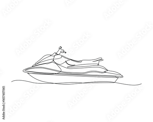 Jet ski motor sport outline drawing illustration. one continuous line drawing of jet ski in the beach.
