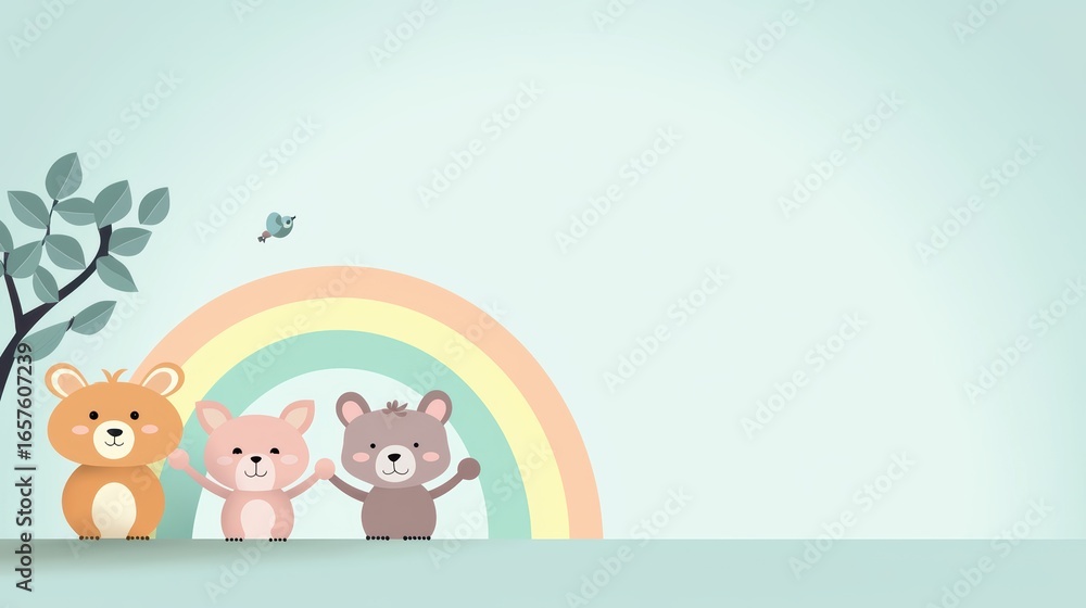 Naklejka premium Cute Animals with Rainbow Group of cartoon animals holding hands under a rainbow, representing friendship and diversity, heartwarming and inclusive illustration