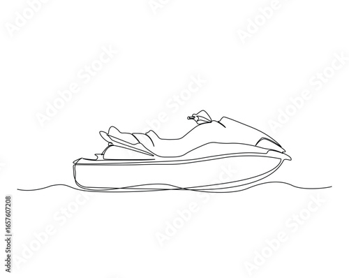 Jet ski motor sport outline drawing illustration. one continuous line drawing of jet ski in the beach.