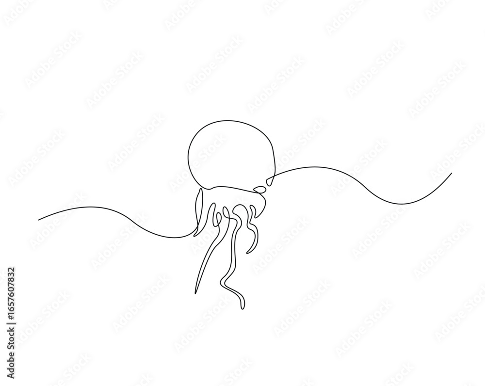Obraz premium Jellyfish outline drawing illustration. one continuous line drawing of jellyfish in the sea.