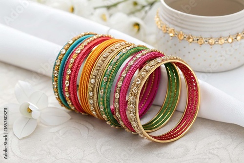 Close-up of bangles over on white background