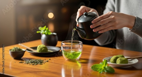 Fototapeta Naklejka Na Ścianę i Meble -  Person pours green tea into glass sweets  ingredients on a wooden table
