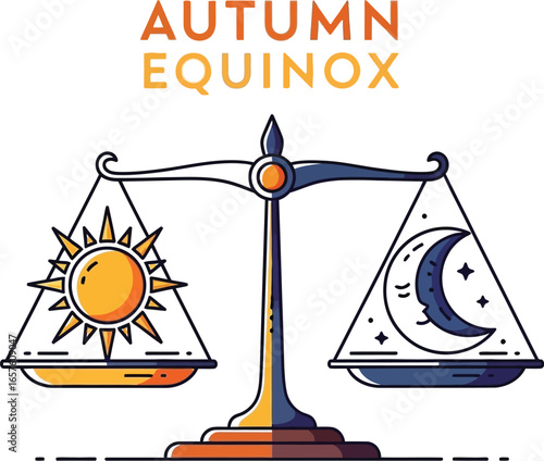 Autumn equinox illustration with sun and moon on a balance scale, symbolizing the equal day and night