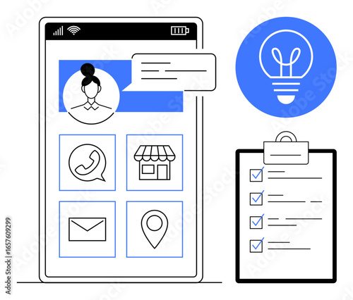Smartphone screen with user profile, contact icons, checklist on clipboard, light bulb icon for ideas. Ideal for app design, communication, task management, creativity, e-commerce strategy simple