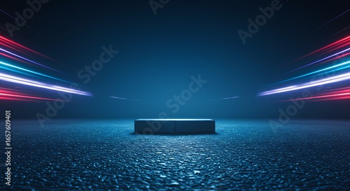 Futuristic Podium with Neon Light Trails on Dark Blue Background, Modern 3D Stage for Product Display