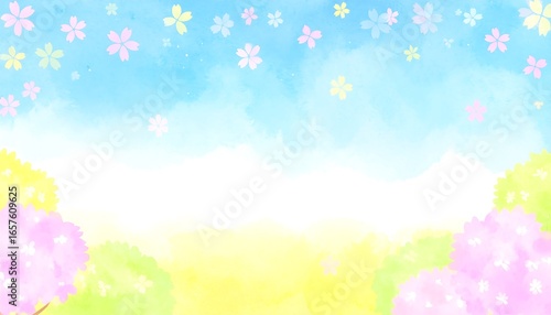 Aesthetic pastel floral watercolor background with dreamy skies and blossoming florals