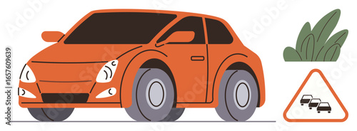 Orange compact car near a cautionary traffic sign and stylized bush, emphasizing driving safety, road awareness, and travel. Ideal for transportation, caution, eco-driving, urban mobility, education