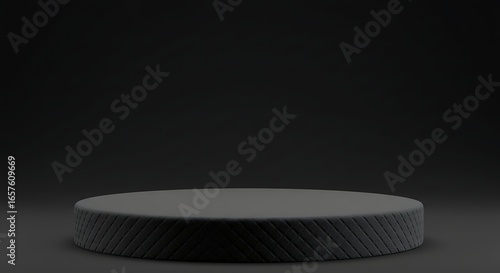 Modern Black Textured Round Podium on Dark Background for Product Display