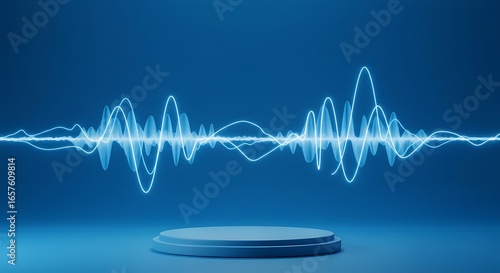 Futuristic Blue Podium with Glowing Sound Wave, Modern 3D Stage for Audio and Technology Concepts