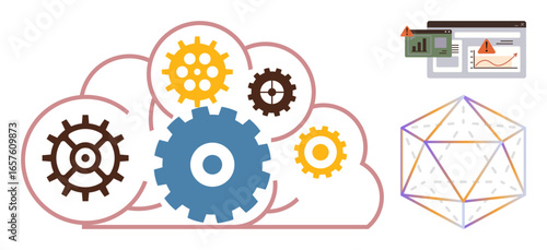 Gears within a cloud, data charts on screens, and geometric shape highlight synergy between technology, analysis, innovation, cloud computing, system optimization, software and science. Ideal