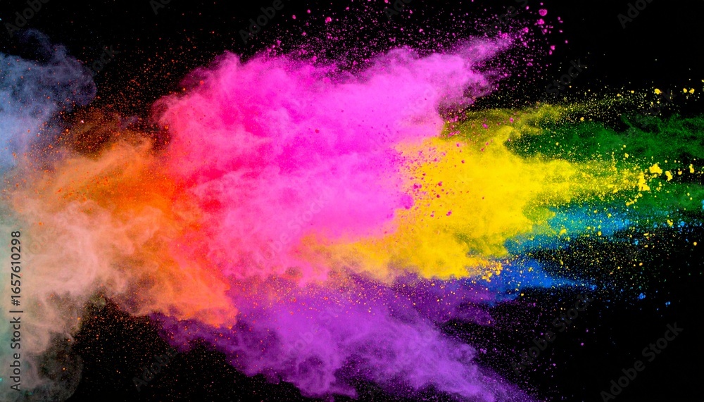 Fototapeta premium Vibrant firefly rainbow dust powder explosion creates a dynamic burst of color against a transparent background