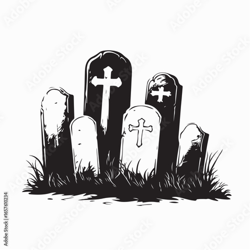 Creepy Cemetery Gravestones Logo Vector Design with Spooky Gothic Atmosphere