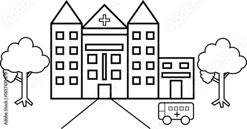 A detailed monochrome illustration of a modern hospital building with ambulance and trees