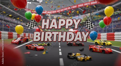 A colorful birthday celebration with race cars on a track, adorned with balloons and confetti.