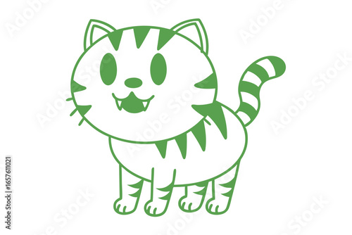 Cute green cartoon tiger stands happily with striped tail wagging on a white backdrop