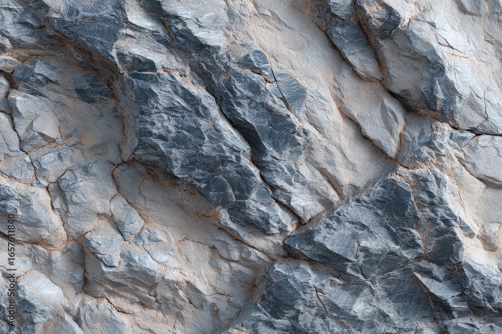 Naklejka premium A close-up view of a textured rock face, showcasing rugged shapes and varying shades of gray and light beige.