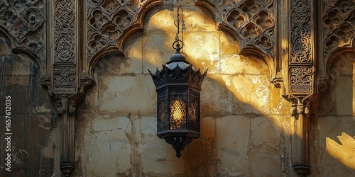 Vintage lantern with warm glowing light mounted on carved stone wall featuring gothic details and iron bracket. Generative by AI.