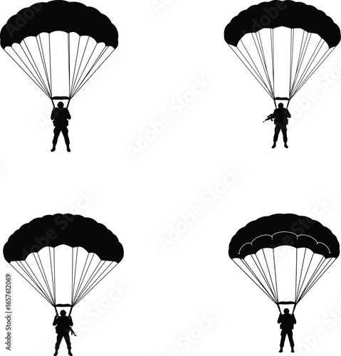 Veterans day Set of Paratrooper Silhouettes with Parachutes, vector, illustration, line art.