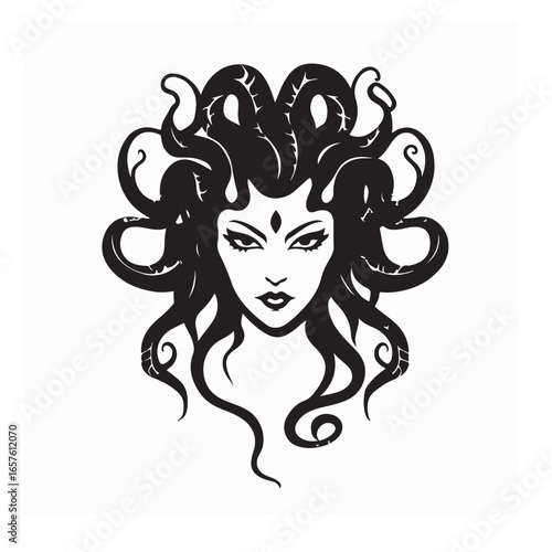 Mythical Medusa Face in Tribal Vector Style with Serpent Hair Design