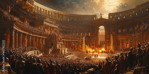 Roman city scene with Colosseum, crowds of soldiers, ruins, columns, smoke, and blue sky in a bustling ancient setting. Generative by AI.