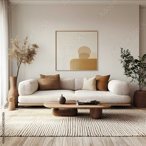 an editorial style Scandinavian living room with an area rug The living room should feel very well designed Stylised 1000 style raw 100