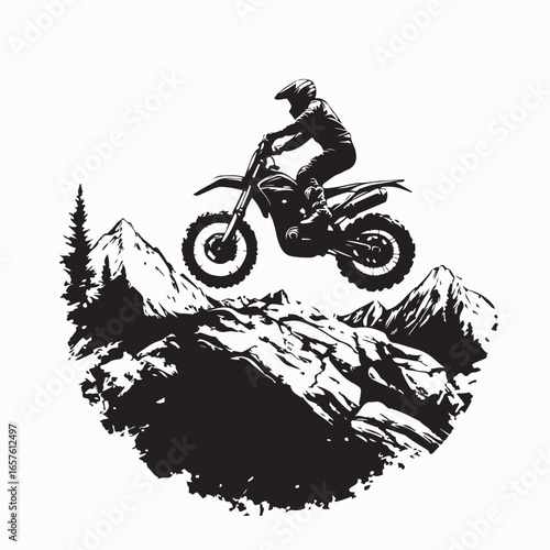 Off Road Motorbike on Rocky Mountain Trail Vector on White Background