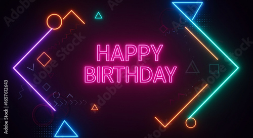 Neon Happy Birthday graphic design with vibrant colors and geometric shapes.