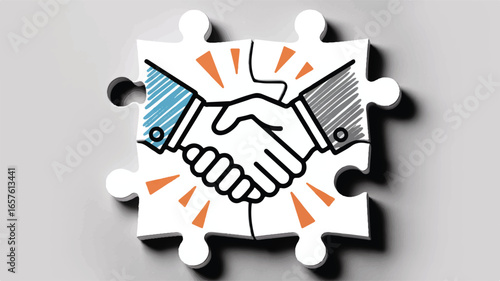 A 3D illustration of a handshake agreement concept made from white puzzle pieces. 