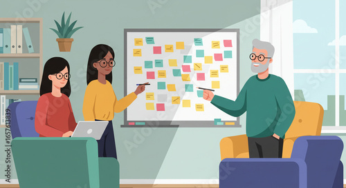 A diverse group of people brainstorming around a whiteboard covered in colorful sticky notes in a modern meeting room.