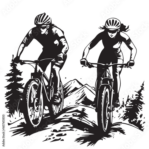A Man and a Woman Riding Mountain Bikes Over Obstacles in the Mountains Silhouette Vector