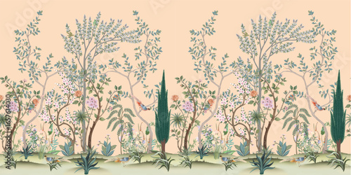 Chinoiserie Hand Printed Wallpaper, Garden Illustration, Wall Mural Illustration.