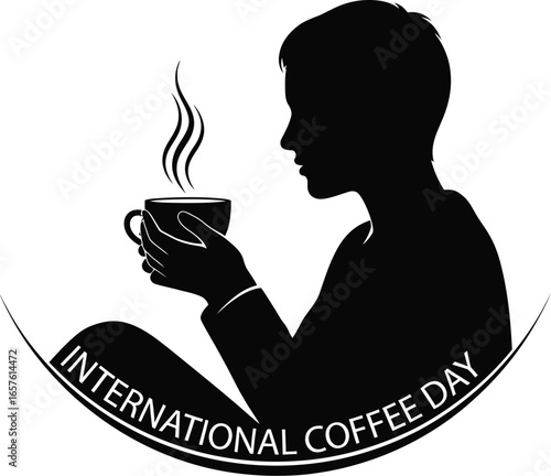 Silhouette of a person holding a cup of coffee for international coffee day, a symbol of relaxation and enjoyment