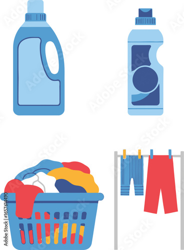 Illustration depicting laundry items including detergent bottles, a laundry basket, and hanging clothes.
