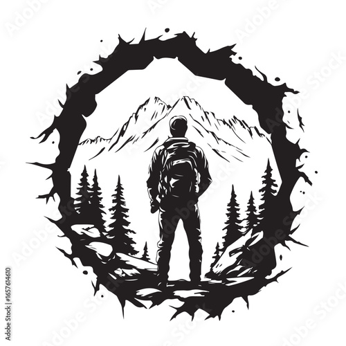 Silhouette of Adventurous Man Hiker Standing in Cave Looking at Mountain Peak